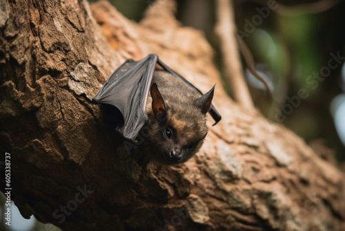 a bat clings to a tree