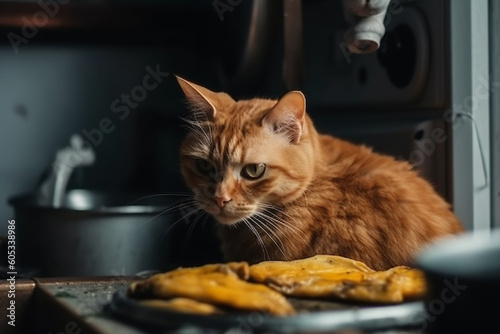 a cat in the kitchen looking at the fried fish