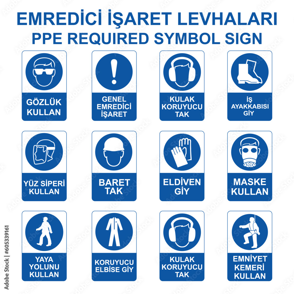 PPE Required Symbol Sign Vector. Set of web icons in blue and white colors. Vector illustration. Translate: Emredici İsaret Levhaları Vektör. PPE Required Symbol Sign Vector. Set of web icons in blue and white colors. Vector illustration. Translate: Emredici İsaret Levhaları Vektör.