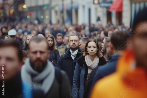 In a crowd, facial recognition technology identifies the face of a people, authentication by face