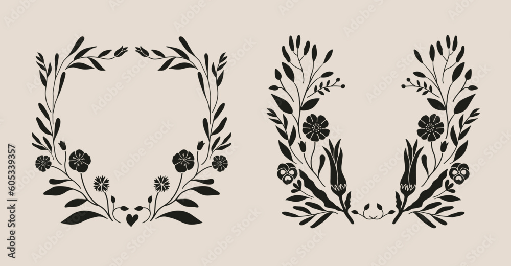 Botanical frame decoration. Flower and leaf branch wreath, garland border illustration. Retro style wildflower and herbs isolated vector design. Botanical frame decoration. Flower and leaf branch wreath, garland border illustration. Retro style wildflower and herbs isolated vector design.
