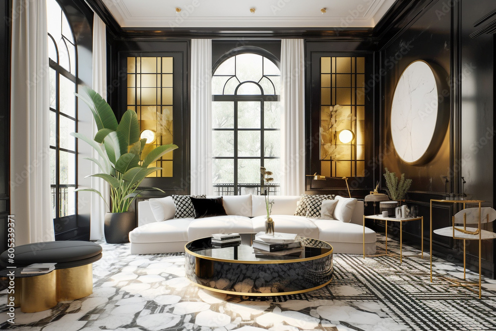 Luxury living room in art deco style with golden, black and white colors. Super photo realistic background, generative ai illustration Luxury living room in art deco style with golden, black and white colors. Super photo realistic background, generative ai illustration