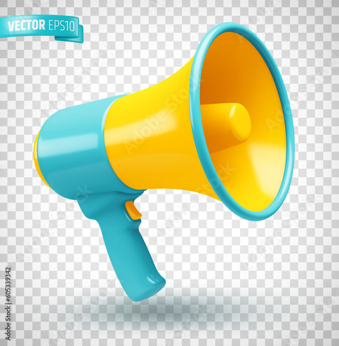 Vector realistic illustration of a blue and yellow megaphone on a transparent background.
