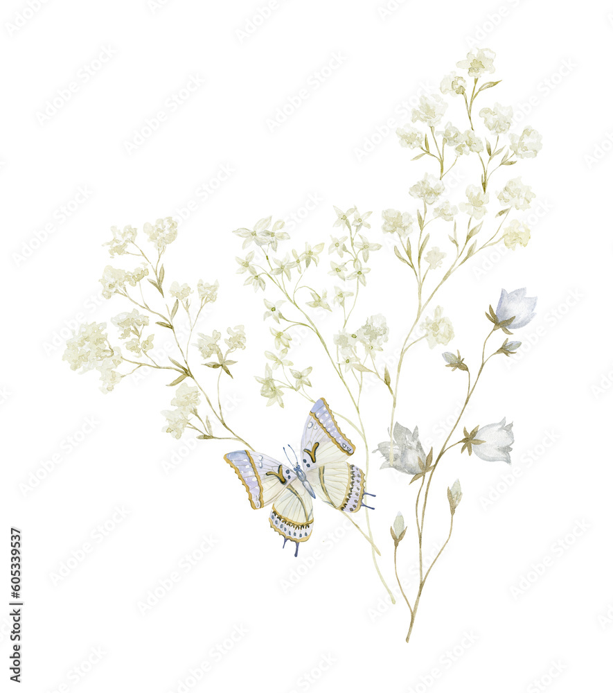 Watercolor Bouquet with Wildflowers and Butterfly. Design for Card on the white Background.