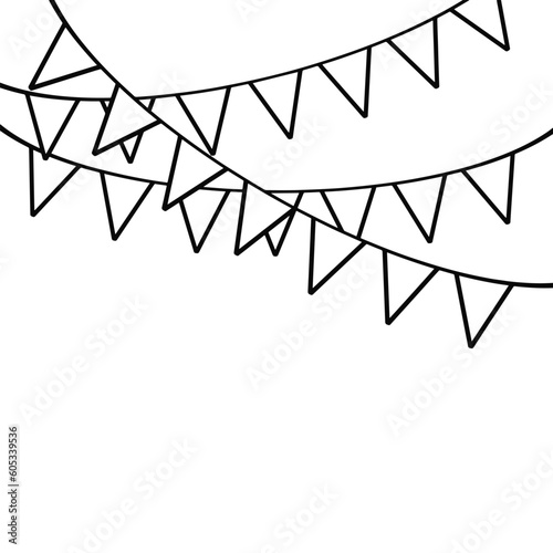 Garland of triangular flags. Hanging flags on a rope thread. Festive decoration.