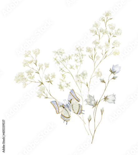 Watercolor Bouquet with Wildflowers and Butterfly. Design for Card on the white Background.