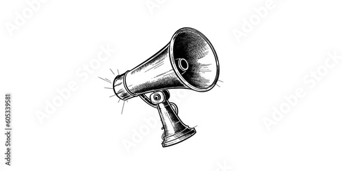 Retro hand drawn megaphone. Realistic sketch of loudspeaker. Vector illustration