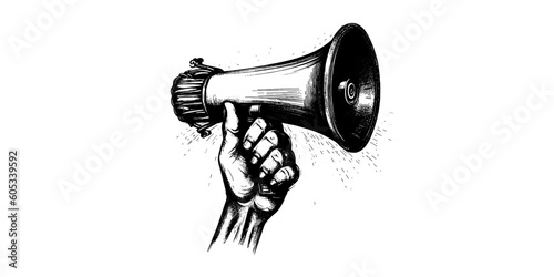 Retro hand drawn megaphone. Realistic sketch of loudspeaker. Vector illustration