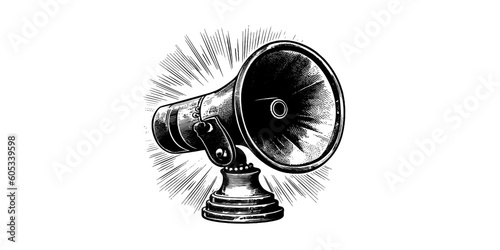 Retro hand drawn megaphone. Realistic sketch of loudspeaker. Pop art Vector illustration