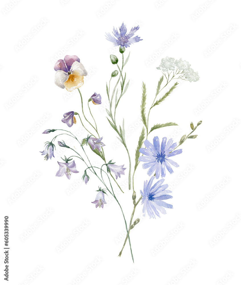 Naklejka premium Watercolor Bouquet with Wildflowers. Blue Florals. Design for Card on the white Background.