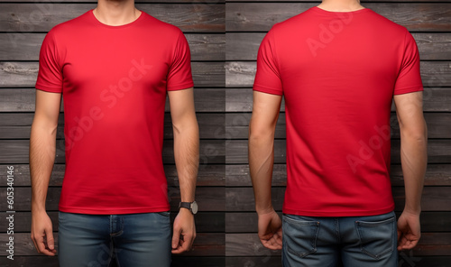 plain red t-shirt mockup template, photo studio with male model, with view, front and back, generative ai