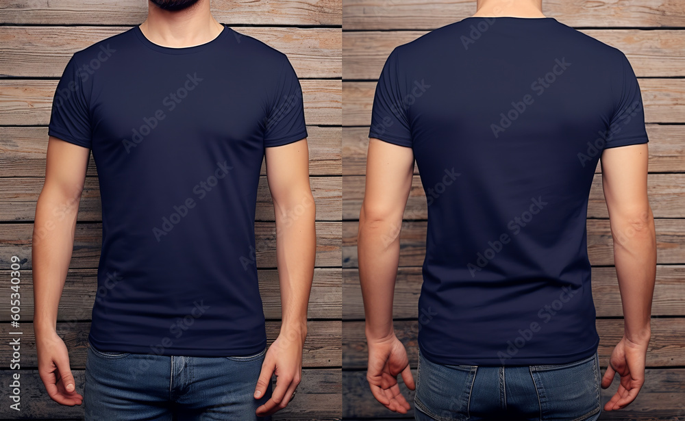 plain navy t-shirt mockup template, photo studio with male model, with view, front and back, generative ai - obrazy, fototapety, plakaty 