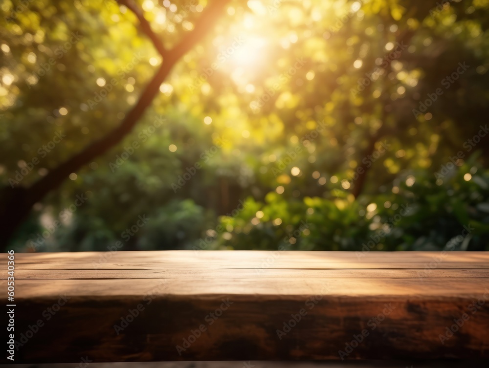 Wooden table top on blurred nature background - can be used for display or montage your products Created with Generative AI technology Wooden table top on blurred nature background - can be used for display or montage your products Created with Generative AI technology