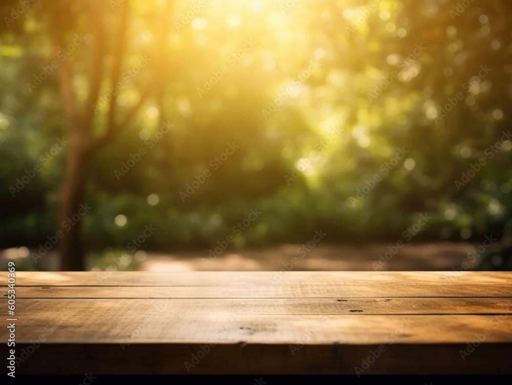 Wooden table top on blurred nature background - can be used for display or montage your products Created with Generative AI technology Wooden table top on blurred nature background - can be used for display or montage your products Created with Generative AI technology