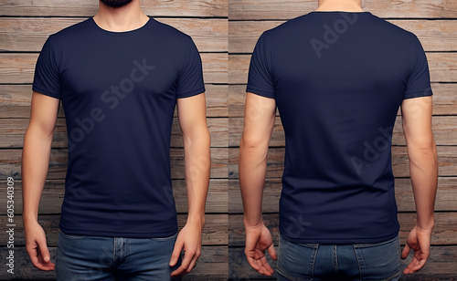 Fotografiet plain navy t-shirt mockup template, photo studio with male model, with view, fro