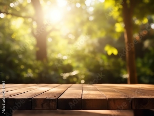 Wooden table top on blurred nature background - can be used for display or montage your products Created with Generative AI technology