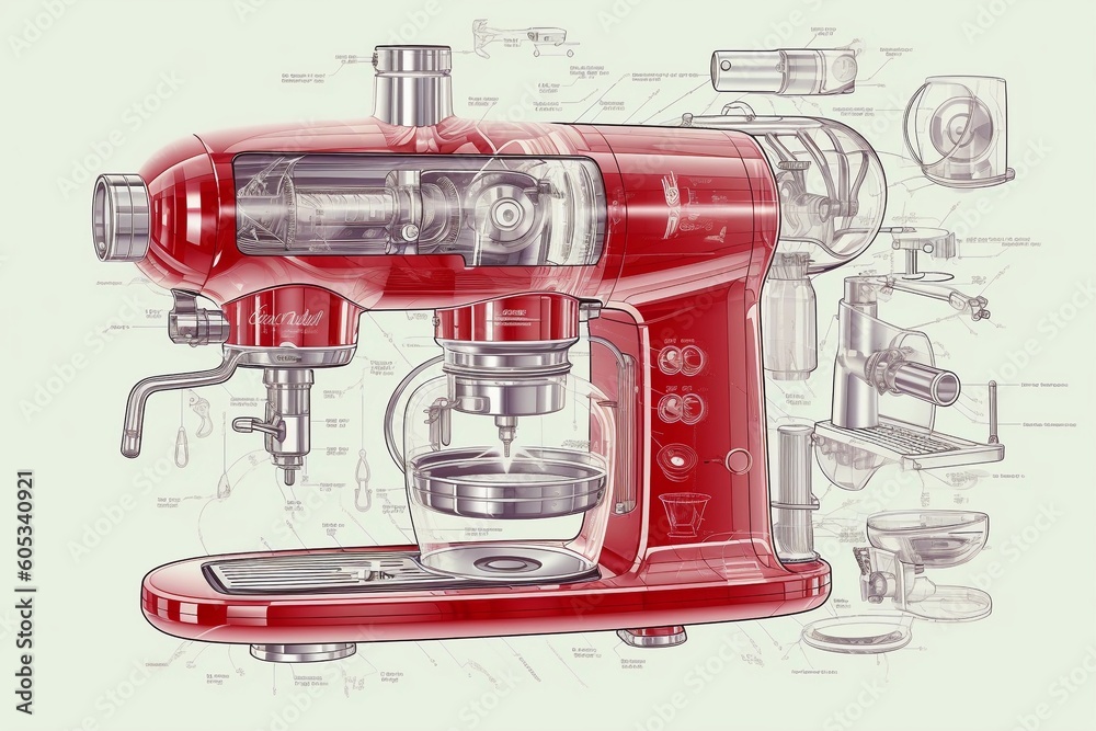 Fototapeta premium Innovative Elegance: Biotechnical Exploded View Illustration of a Kitchenaid-Style Barista Coffee Machine