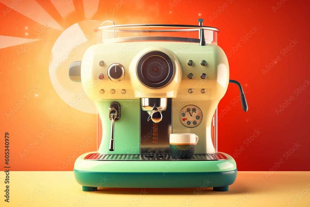 Naklejka premium Robotic Marvel: A Fantastic Futuristic Illustration of a Retro Barista Coffee Machine Bathed in Sunny Light