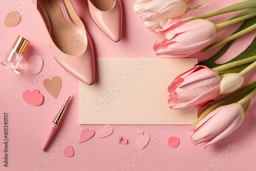 Top view photo of heart shaped giftbox tulips trendy high heel shoes envelope letter cosmetics brushes and perfume on isolated pastel pink background with copyspace in the, Generative AI