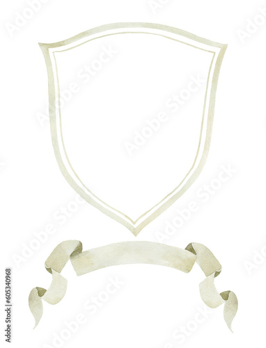 Watercolor Crest with Ribbon on the white Background.