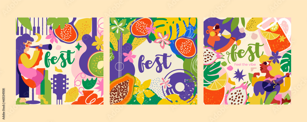 3 summer music festival templates. The design immerses the theme of Hawaii, the atmosphere of relaxation, sunny beaches, of course, music and cool cocktails.