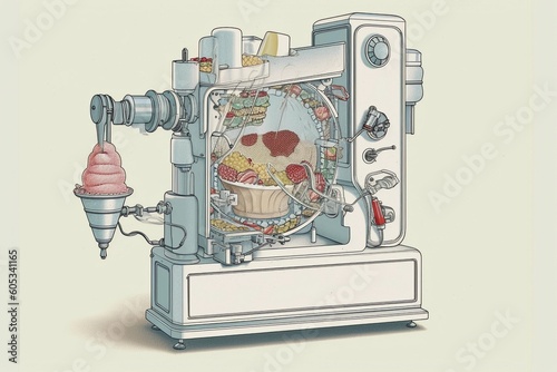 Fototapeta Naklejka Na Ścianę i Meble -  Frozen Fusion: A Biotechnical Illustration of an Ice Cream Machine Crafting Creamy Delights with Fresh Fruits