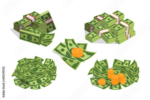 Stacks and piles of dollar bills vector illustrations set. Collection of cartoon drawings of cash or paper money with gold coins. Finances, business, banking, savings, commerce concept