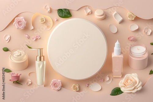 Cosmetology concept showcases a collection of luxurious creams and serums in pump bottles, surrounded by beautiful rose flowers on a pastel beige background with empty circle for, Generative AI