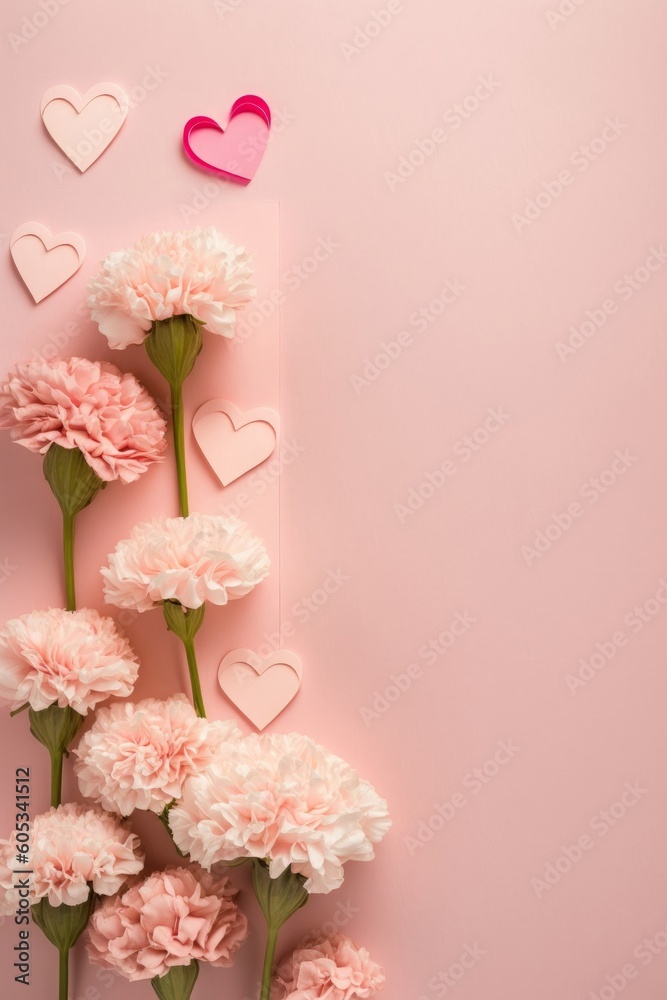 Mother's Day concept. Top vertical view flat lay of delightful carnation flowers, and pink paper hearts on a soft pastel pink background with, Generative AI