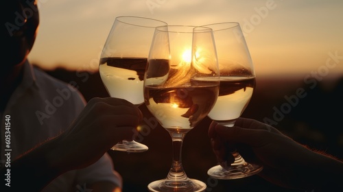 Friends raising their glasses in a toast with wine, against the backdrop of a stunning sunset. Reflects the warmth of friendship and the beauty of shared moments. AI-generated.