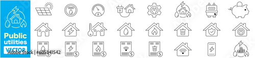 Public utilities, electricity, Gas, water, heating, line icons vector illustration editable stroke. 