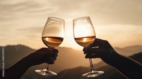 Friends raising their glasses in a toast with wine, against the backdrop of a stunning sunset. Reflects the warmth of friendship and the beauty of shared moments. AI-generated.