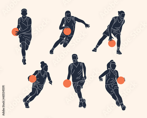 Hand drawn basketball players vector silhouette set. Simple doodle illustration for sport teams, gear and events