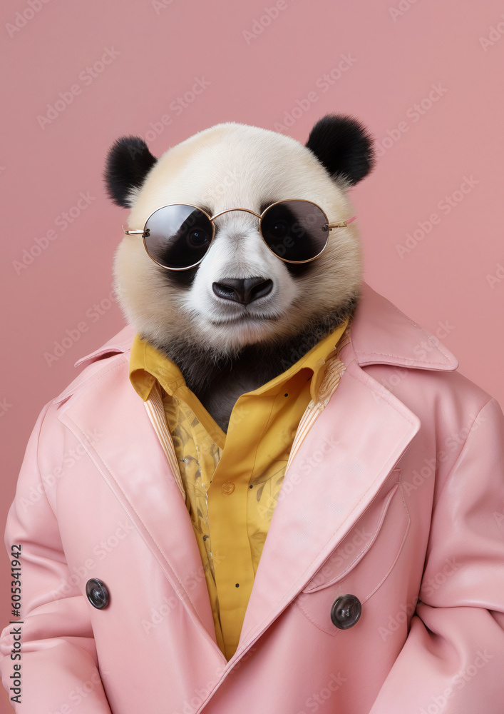 Panda in clothes, in suit, fashion and stylish retro style portrait generative ai