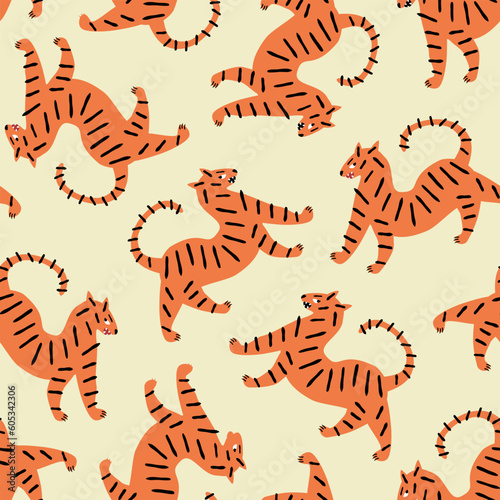 Wild tigers hand drawn vector illustration. Funny cat animal seamless pattern for kids fabric or wallpaper.