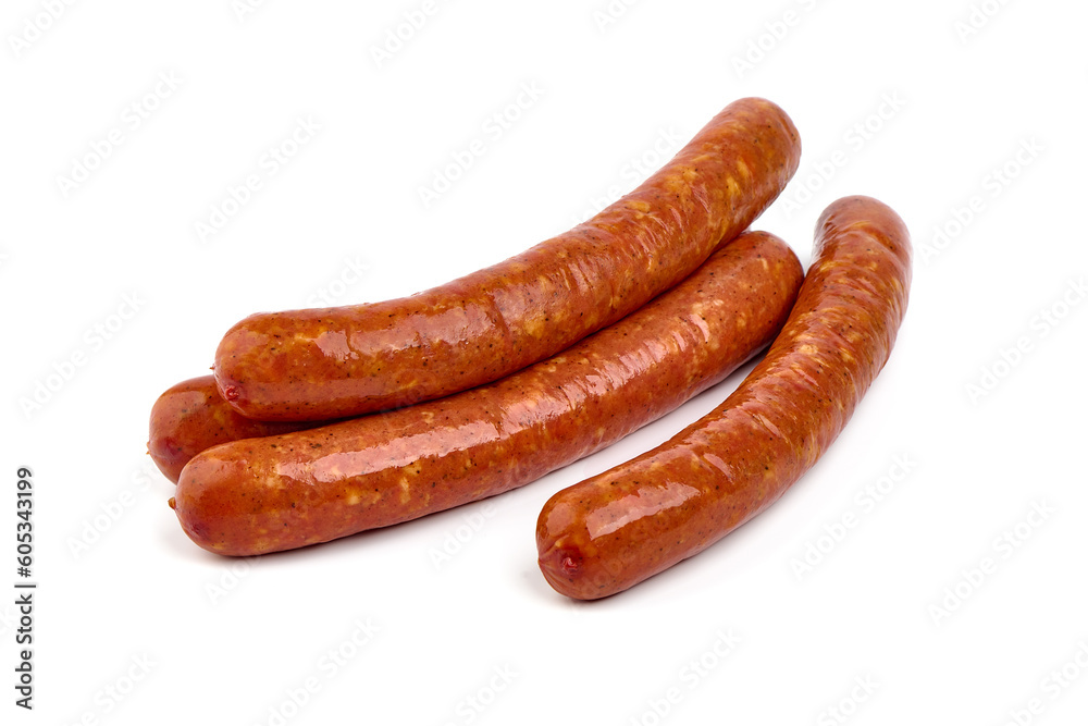 smoked sausages isolated on white background. smoked sausages isolated on white background.