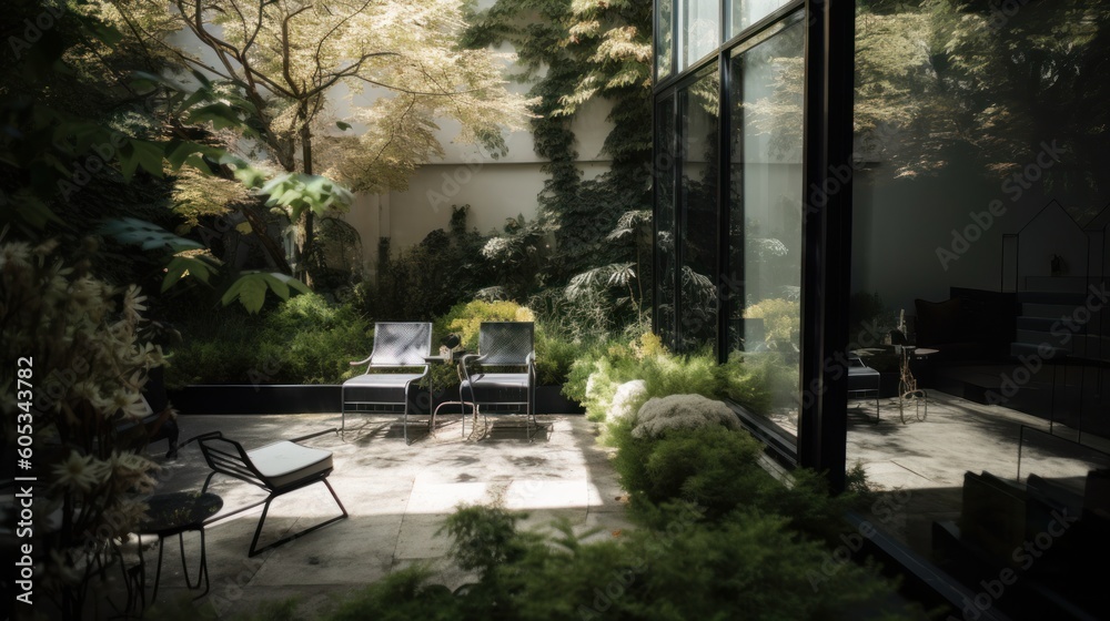 Parisian private garden offers a modern and elegant oasis in the heart of the city. Adorned with beautiful flowers, this French garden adds a touch of charm to the terrace of a Parisian home. AI-gener