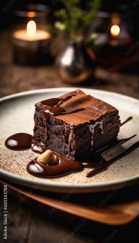 Chocolate brownie with melted syrup on a table - Generative AI Chocolate brownie with melted syrup on a table - Generative AI