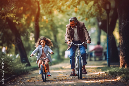 father and daughter cycling in the park, father's day, loving moment, autumn scenery, generative ai