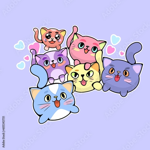 funny crowd of fat cats, funny cats, flock of cats, illustration of colored happy round cats, 2d illustration animal 