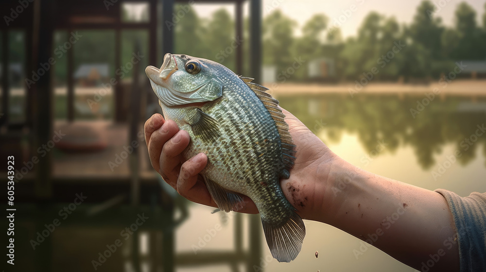 man holding large crappie fish boat dock fishing - Generative AI man holding large crappie fish boat dock fishing - Generative AI