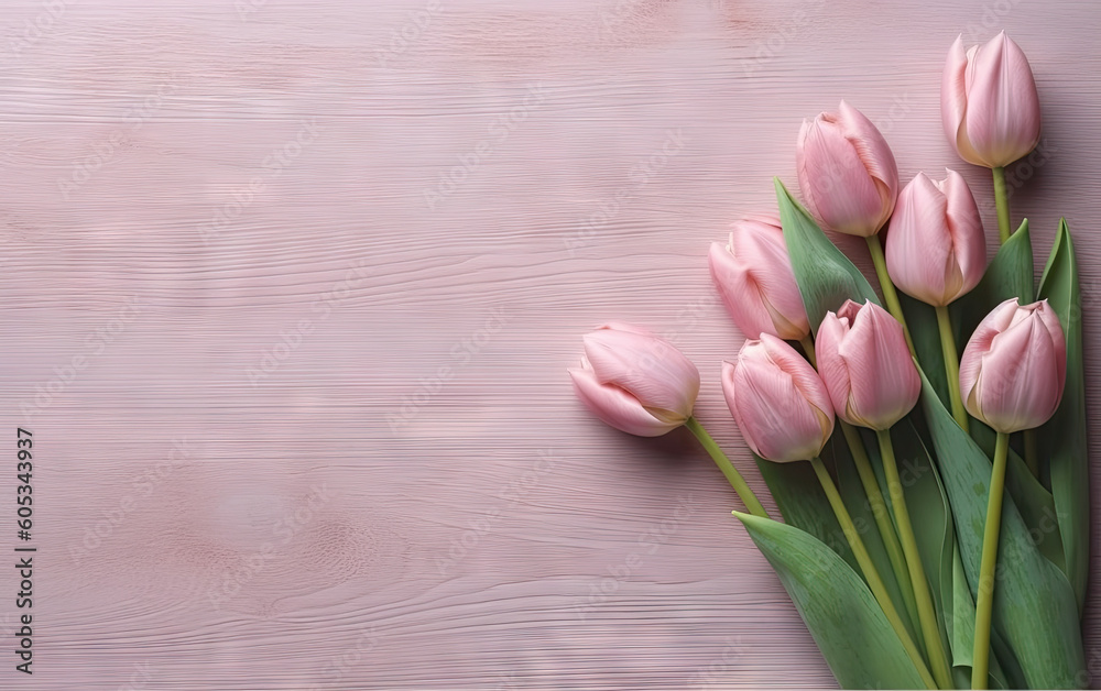 pink tulips and pink flowers on a wooden background - Generative AI