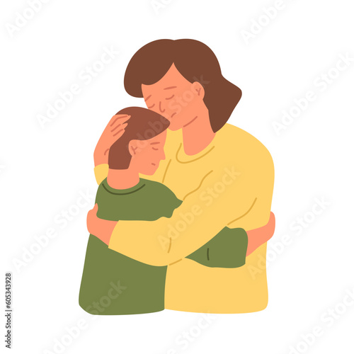 Woman hugs her baby. Sad mom and son. Support, assistance to family member. Safety, mental help concept. Vector illustration with isolated characters portrait, boy and female.