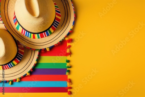 Mexican traditional costume concept. Top view photo of sombrero hats and colorful striped serape on isolated vivid yellow background with copyspace  Generative AI