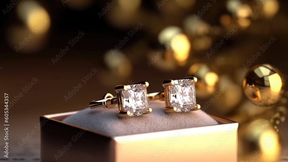 Gold earrings on a shiny background. Gift for new year and christmas. Banner with place for text. Generative AI Gold earrings on a shiny background. Gift for new year and christmas. Banner with place for text. Generative AI