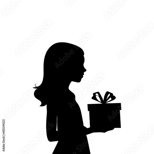 Vector illustration. Silhouette of a girl with a gift in her hand. Birthday.