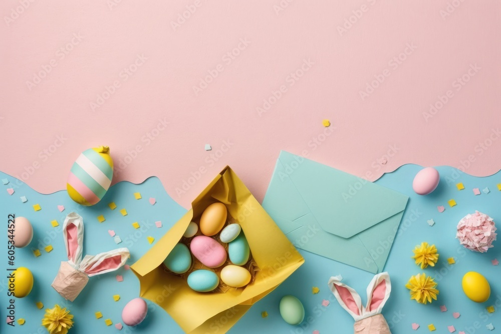 Easter concept. Top view photo of open pink envelope with bunny ears yellow present boxes with blue bows colorful easter eggs baking molds sprinkles on isolated pastel blue background with, Generative