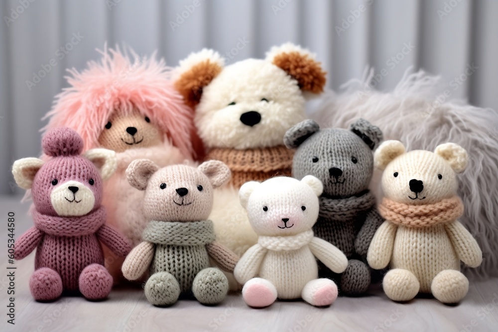 Cozy composition of knitted soft toys. Generative AI. Cozy composition of knitted soft toys. Generative AI.