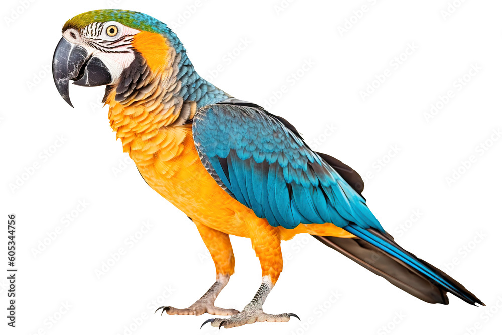 Parrot png, blue yellow macaw, transparent background, isolated, tropical bird, generative ai