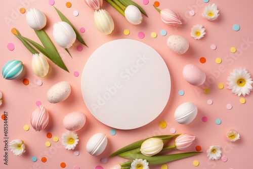 Easter concept. Top view photo of white circle bouquets of fresh tulips with silk ribbon colorful easter eggs and sprinkles on isolated pastel pink background with, Generative AI